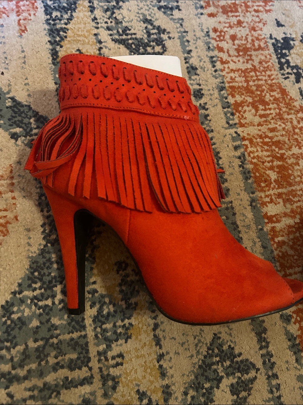 C Label Red Fringe Peep-Toe High Heel Ankle Bootie